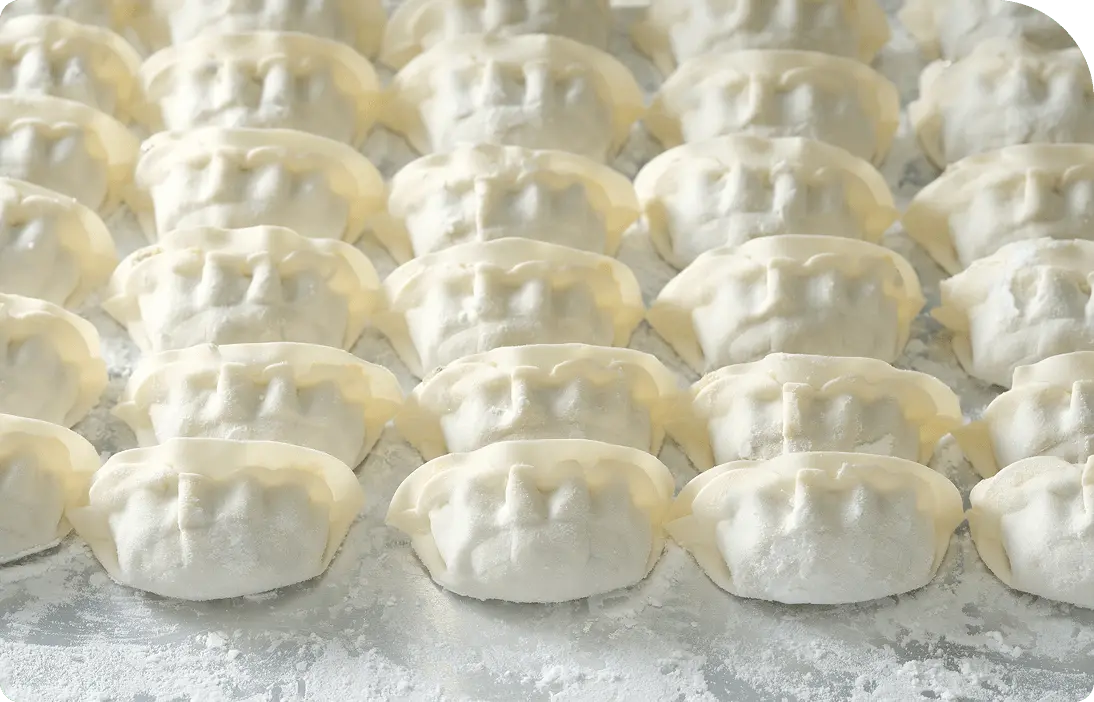 整然と並んだ冷凍餃子のクローズアップ写真